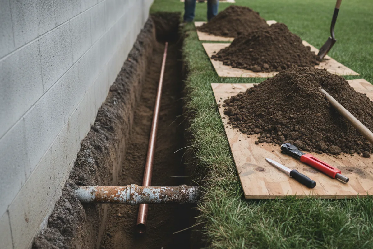 Excavated water line trench during Water Heater Repair in Miamiville